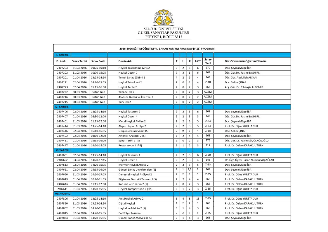 2025-20256 HEYKEL BÖLÜMÜ BAHAR DÖNEMİ VİZE SINAV PROGRAMI